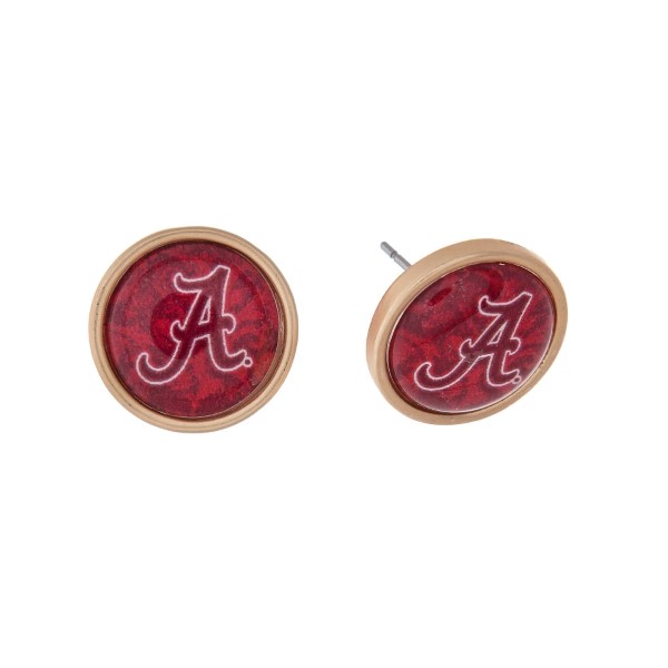 Gold tone officially licensed University of Alabama stud earrings. Approximately 2/3" in length. Our exclusive design.