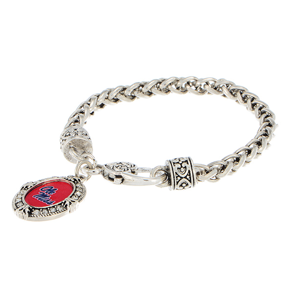 Wholesale silver lobster clasp bracelet Ole Miss logo clear crystal rhinestones