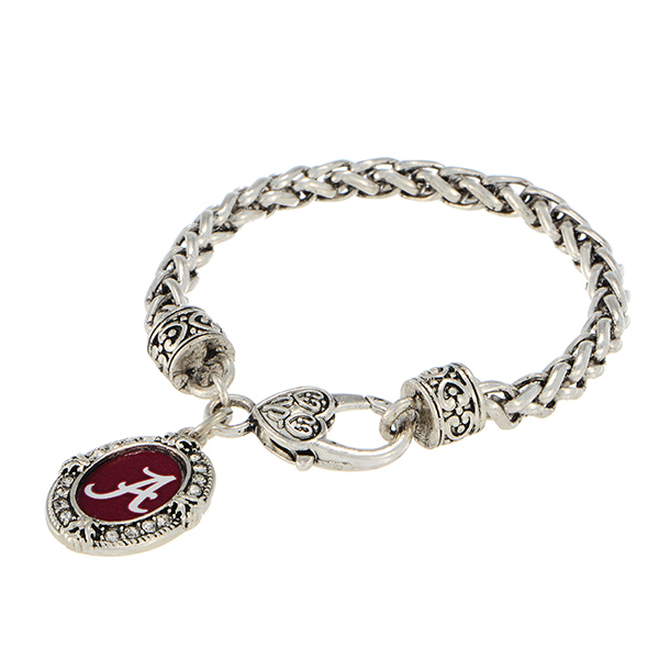 Silver tone officially licensed lobster clasp bracelet featuring the Alabama logo and clear crystal rhinestones.