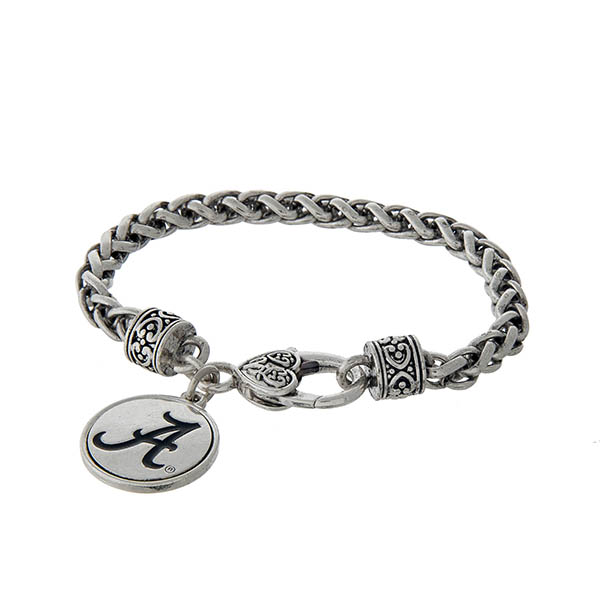 Officially licensed University of Alabama silver tone braided bracelet with a lobster clasp and logo charm. 