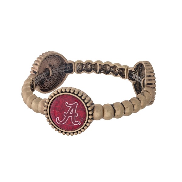 Officially licensed gold tone University of Alabama stretch bracelet with three stations. Our own exclusive design.