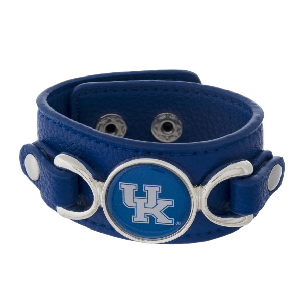 Officially licensed, faux leather bracelet with the University of Kentucky logo. Approximately 1" in width. 