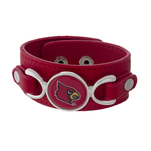 Officially licensed, faux leather bracelet with the University of Louisville logo. Approximately 1" in width. 