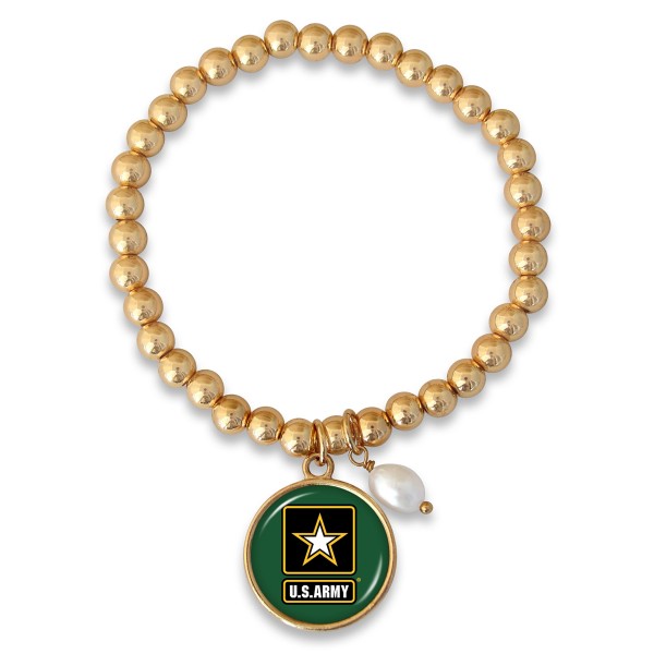 Officially Licensed Gold Tone Army Beaded Bracelet With Charm and Pearl Accent

- Approximately 2.75" Diameter