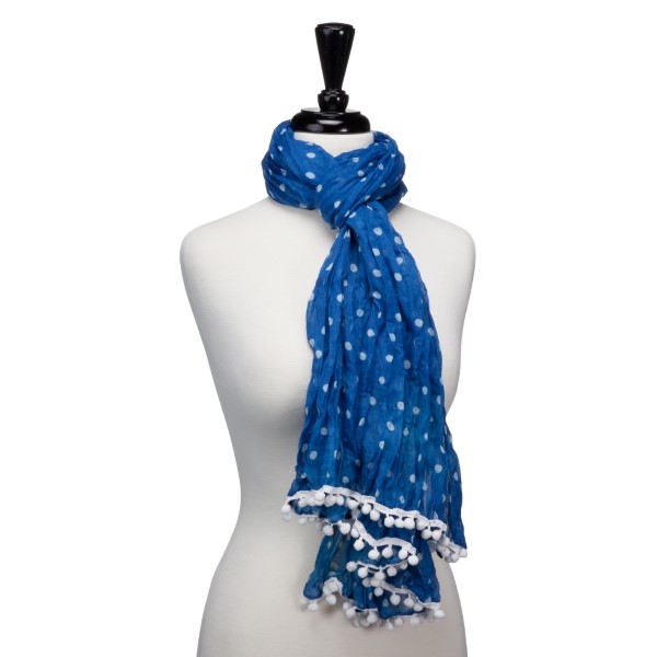 Wholesale light weight royal blue white polka dots scarf small pom poms Polyeste