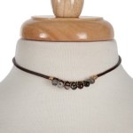 Wholesale brown leather cord choker gold wire wrapped gray jasper beads
