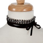 Black suede wrap necklace with a silver tone choker displaying gray rhinestones. Approximately 70" in length. 