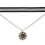 Black and gold tone, double layer choker with a circle pendant, accented by a blue stone. Approximately 12" in length.