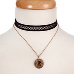 Black and gold tone, double layer choker with a circle pendant, accented by a brown stone. Approximately 12" in length.