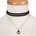 Wholesale black gold double layer choker black stone pendant