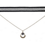 Black and gold tone, double layer choker with a blue stone pendant. Approximately 12" in length. 