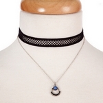 Black and silver tone, double layer choker with an opal stone pendant. Approximately 12" in length. 