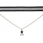 Black and gold tone, double layer choker with a crescent cut out pendant, accented by a black stone. Approximately 12" in length.