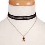Wholesale black gold double layer choker crescent cut out pendant black stone