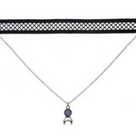 Black and silver tone, double layer choker with a crescent cut out pendant, accented by an opal stone. Approximately 12" in length.