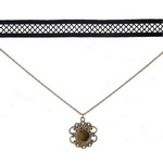 Black and gold tone, double layer choker with a flower pendant, accented by a brown stone. Approximately 12" in length. 