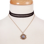 Black and gold tone, double layer choker with a flower pendant, accented by an opal stone. Approximately 12" in length. 