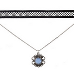 Black and silver tone, double layer choker with a flower pendant, accented by an opal stone. Approximately 12" in length. 