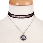 Black and silver tone, double layer choker with a flower pendant, accented by an opal stone. Approximately 12" in length. 