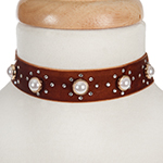 Brown velvet choker with pearl beads and clear rhinestone accents. Approximately 12" in length and 1" in width. 