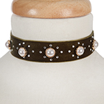 Olive velvet choker with pearl beads and clear rhinestone accents. Approximately 12" in length and 1" in width. 