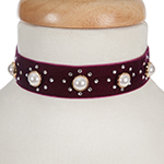 Burgundy velvet choker with pearl beads and clear rhinestone accents. Approximately 12" in length and 1" in width. 