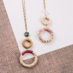 Wholesale long figaro chain necklace rattan woven double circular pendant raffia
