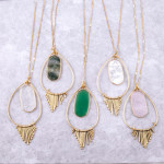 Wholesale long metal chain necklace teardrop pendant natural stone center detail