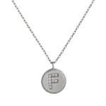 Dainty silver cable chain necklace featuring a disc pendant with "F" initial and cubic zirconia details. Pendant approximately 1cm in diameter. Approximately 16" in length overall.