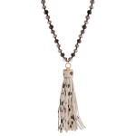 Wholesale long beaded faux leather cow print tassel pendant statement necklace P