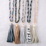 Wholesale long beaded faux leather cow print tassel pendant statement necklace P