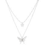 Short Double layered silver necklace with butterfly pendants. 
- Shorter chain measures approximately 14" L & longer chain measures approximately 17" L 
- Features a 3.5" extender 