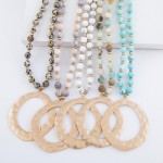 Wholesale semi Precious Stone Beaded Necklace Hammered Metal Flatted Circle Pend
