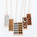 Wholesale long Necklace Metal Encased Genuine Cheetah Print Rectangle Pendant Pe