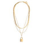 Wholesale herringbone Beaded Chain Link Layered Padlock Necklace Gold Pendant Ad