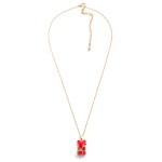 Short Gold Tone Necklace Featuring Candy Bear Charm With Rhinestone Accents and Enamel Rose

- Approximately 16" Length
- 3" Extender