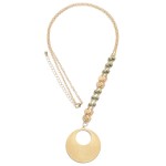 Wholesale long Chain necklace flat gold beads large circular pendant Gray colore