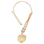 Wholesale long Gold chain gold beads Brown colored wood beads large palm leaf pe