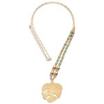 Wholesale long Gold chain gold beads Gray colored wood beads large palm leaf pen