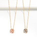 Chain Link Necklace Featuring Checkered Enamel Flower Charm and T Closure.

- Approximately 16" L