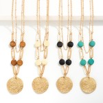 Wholesale layered Chain Link Necklace Wooden Accents Textured Metal Pendant L Ex