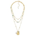 Wholesale three Strand Layered Leaf Pendant Necklace Pearl Beaded Accents L Exte