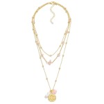 Three Strand Layered Leaf Pendant Necklace With Pearl & Beaded Accents

- Approximately 14-18" L
- Extender 3" L