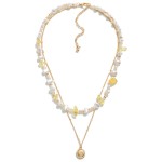 Layered Chain Link Necklace Featuring Pearl and Semi-Precious Natural Stone Beads With Metal Sun Pendant

- Approximately 16" L
- Extender 3" L