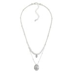 Layered Chain Link Necklace Featuring Pearl Beads and Hammered Metal Disk Pendant

- Approximately 18" L
- Extender 3" L