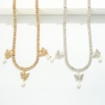 Linked Rhinestone Choker Necklace Featuring Butterfly and Pearl Charms

- Approximately 10" L
- Extender 3" L