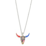 Layered Silver Chain Link Necklace Featuring Colorful Western Cow Skull Pendant 

- Approximately 24" L
- Extender 3" L