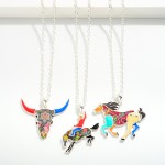 Layered Silver Chain Link Necklace Featuring Colorful Western Cow Skull Pendant 

- Approximately 24" L
- Extender 3" L