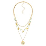 Wholesale triple Layered Chain Link Necklace Circular Rhinestone Studded Pendant