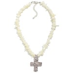 Puka Stone Beaded Necklace With Silver Cross Pendant

- Approximately 18" L
- Extender 3" L